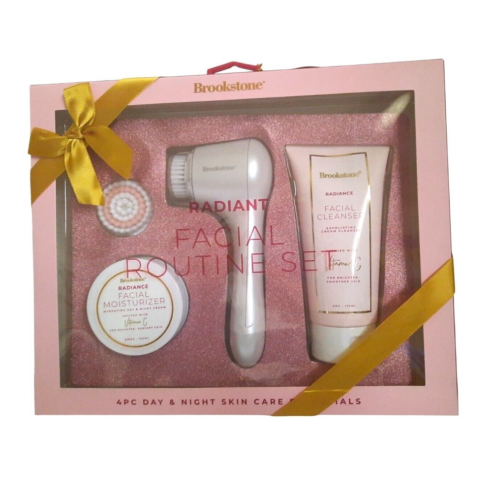 Brookstone Radiant Facial Routine Set 4pc Vitamin C Cleanser Moisturizer Brush